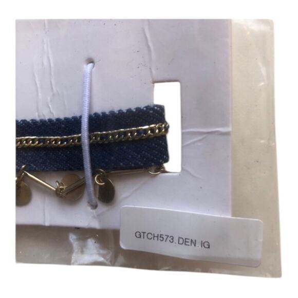 ettika NWT Denim And Gold Plated Brass Disc Chain Lobster Clasp Choker Necklace - Picture 9 of 10